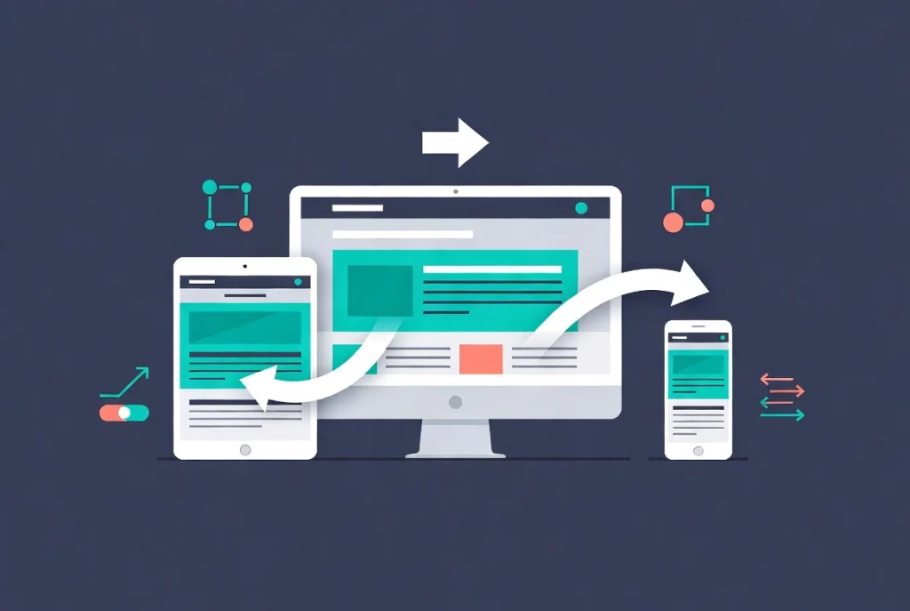 Responsive website layouts adapting across desktop tablet and mobile device screens connected by workflow arrows in flat vector style