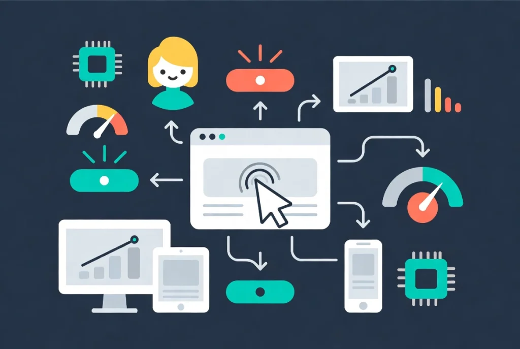 Flat vector illustration of mouse tracking interactivity and responsive web design on blue background