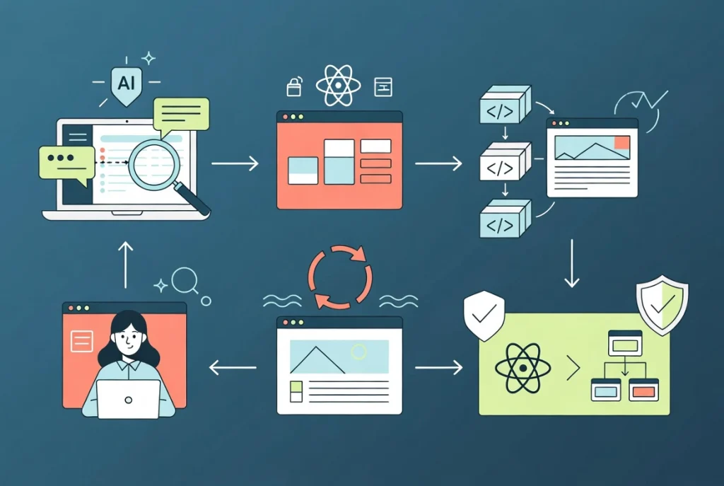 No-code WordPress workflow illustration showing AI analysis, animated backgrounds, and theme conversion steps in clean vector style.