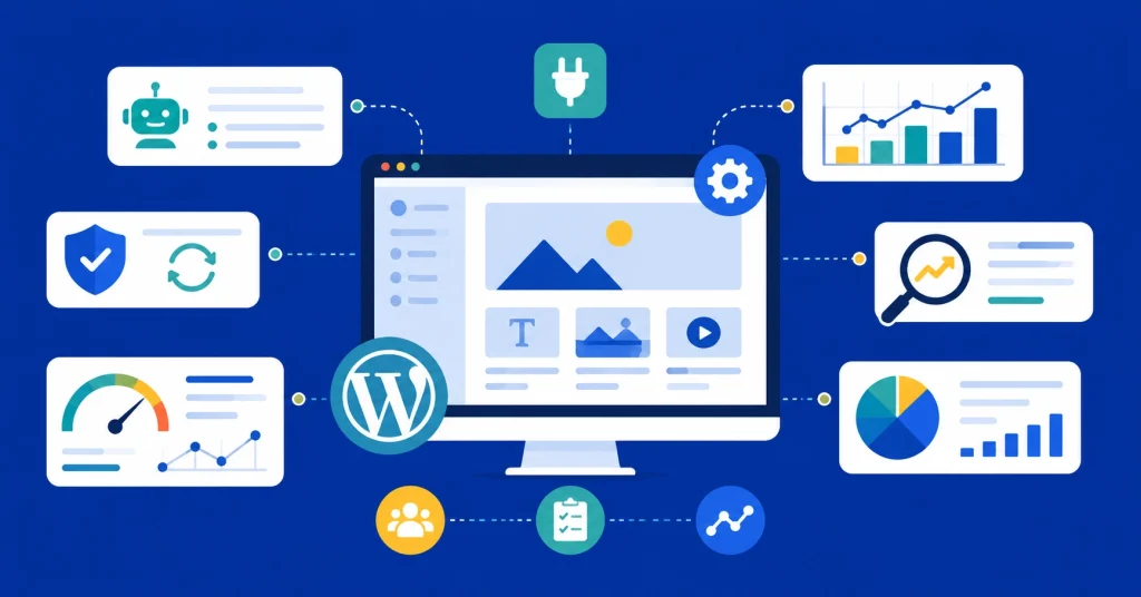 Flat vector illustration of WordPress website dashboard surrounded by AI plugins performance and analytics icons on blue background
