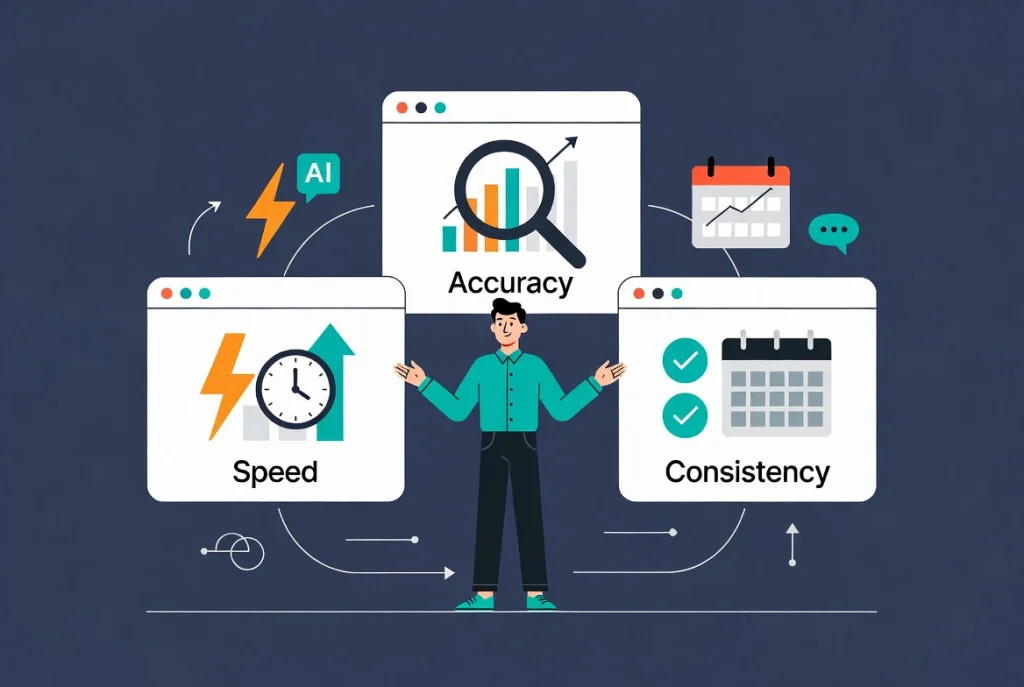 Friendly cartoon professional viewing interconnected AI SEO workflow panels showing speed, accuracy, consistency and visibility benefits on navy background.