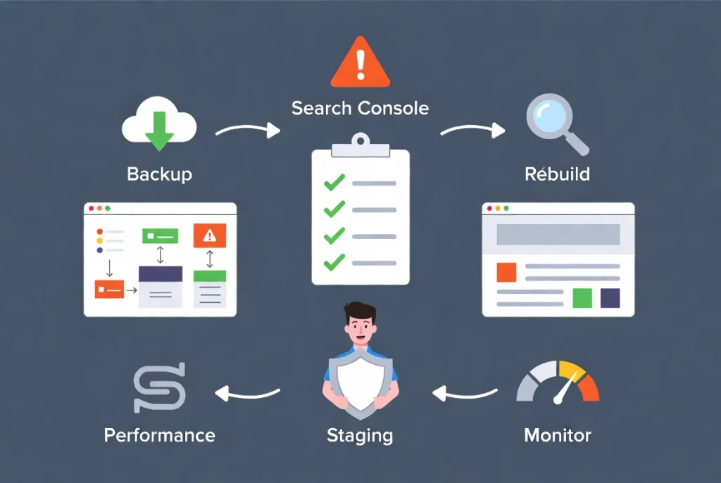 Flat vector migration checklist illustration with workflow steps for switching WordPress page builders safely