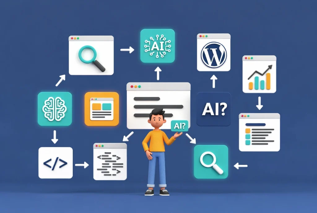 WordPress Traffic AI illustration showing AI tools optimizing organic search and content discovery flows with workflow icons