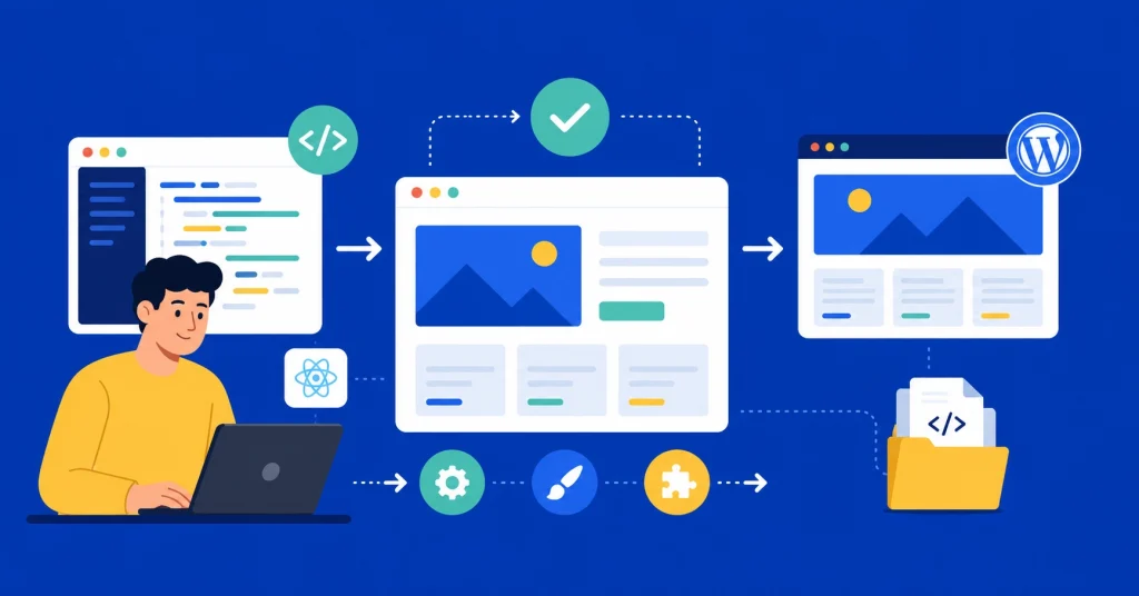 Flat vector illustration of web developer workflow from coding to WordPress website creation