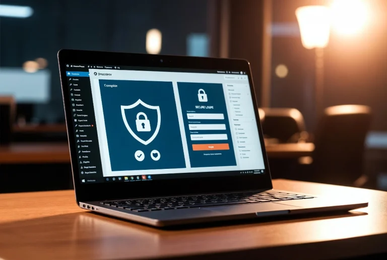 Laptop displaying a secure login screen with a shield and padlock icon, highlighting the importance of security updates.
