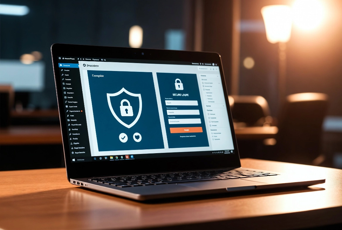 Laptop displaying a secure login screen with a shield and padlock icon, highlighting the importance of security updates.