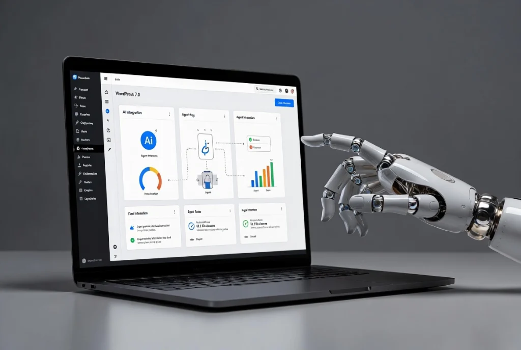AI robot interacting with WordPress 7.0 on laptop in professional studio
