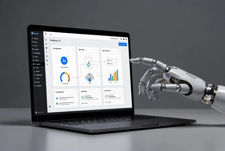 AI robot interacting with WordPress 7.0 on laptop in professional studio