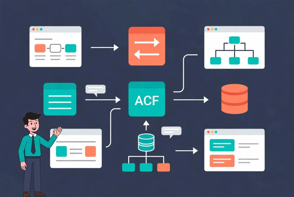 Backend illustration showing ACF relationships and WP_Query connections in Bricks builder workflow with developer figure