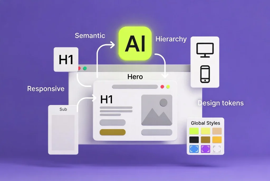 AI built hero section in Bricks Builder showing semantic headings responsive design and global variables
