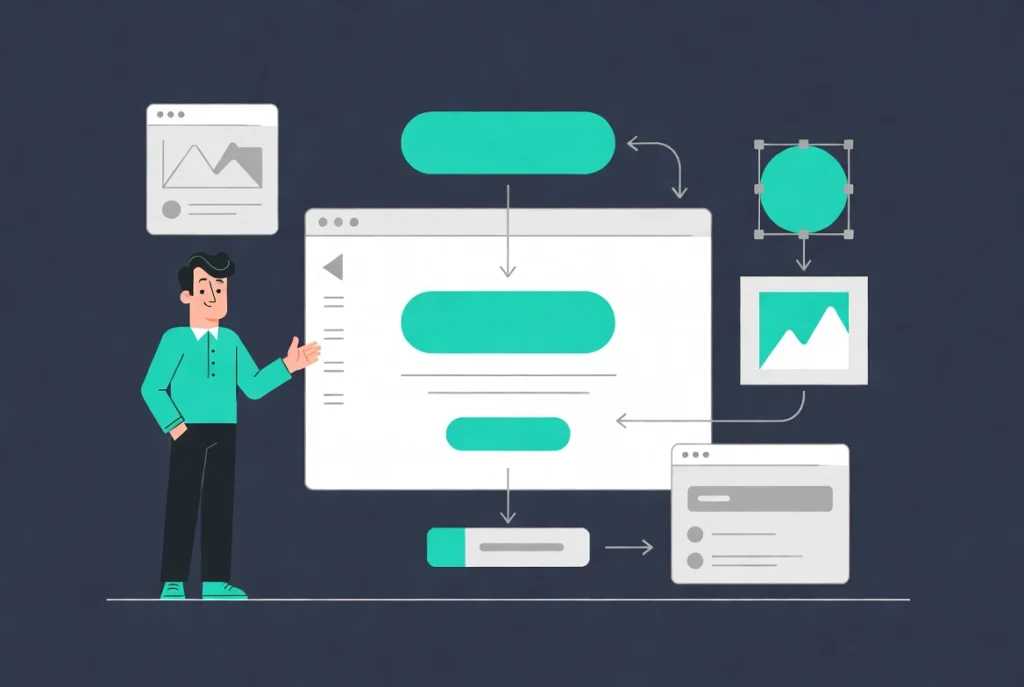 Flat vector illustration of professional iterative UI design with follow-up prompt refining primary button color and corner radius on canvas