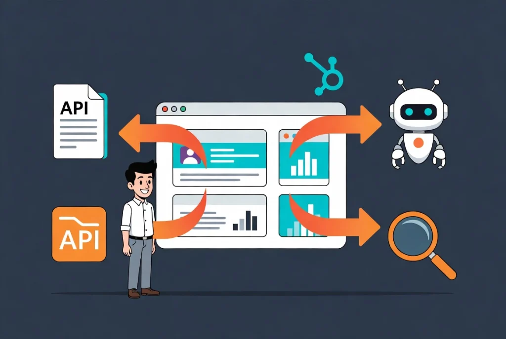 Website interface with data flows and arrows connecting to AI robot and search icons in tech illustration