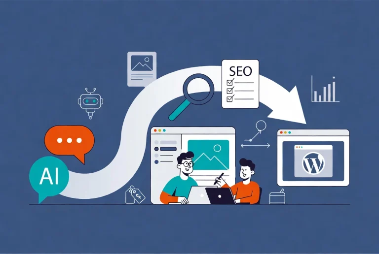 Cartoon professional using AI to optimize blog post in WordPress dashboard interface with workflow arrows