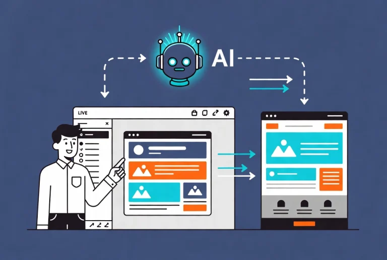 AI visual builder constructing WordPress site with drag and drop blocks on screen