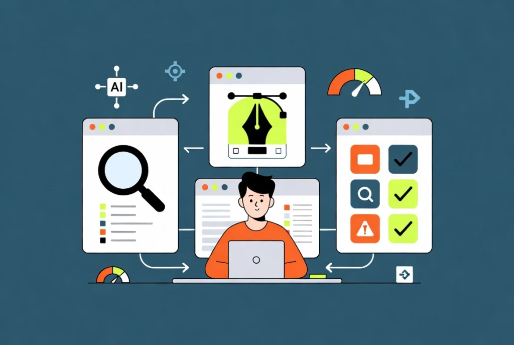 Cartoon professional at desk exploring AI writing tools connected to WordPress editor interface