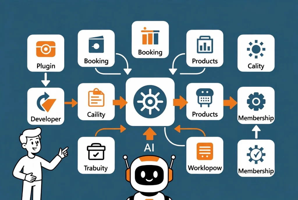 Flat vector illustration explaining how the Abilities API enables plugins to register capabilities for AI agents to discover and use.