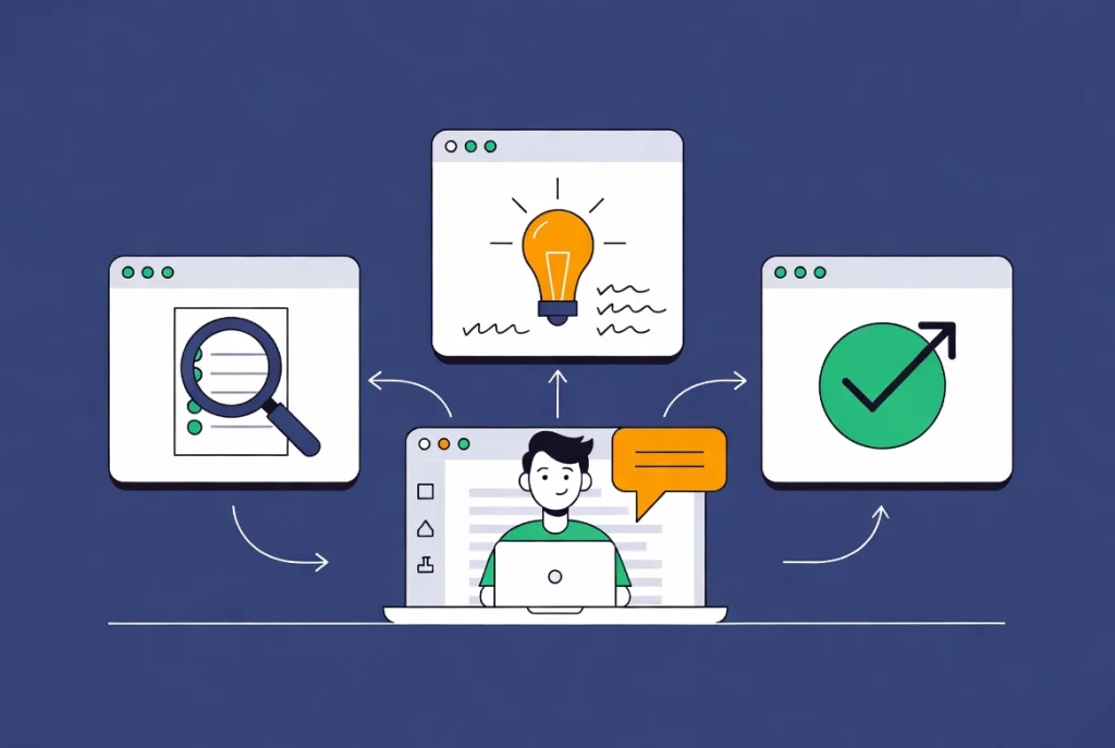 Cartoon professional reviewing and editing AI generated content on laptop with fact check and publish workflow icons