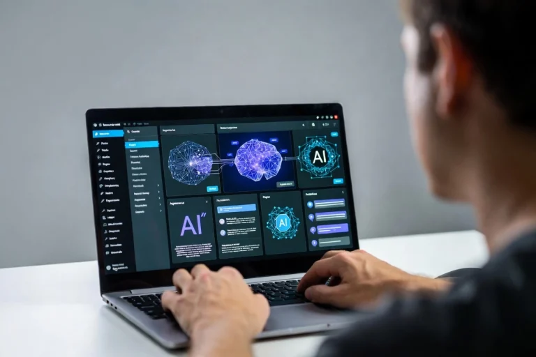 Male developer typing on laptop with integrated WordPress and AI screen display