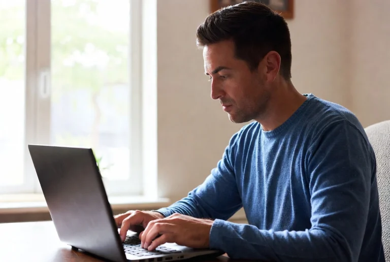 Man centered working intently on laptop in professional setting with soft natural light