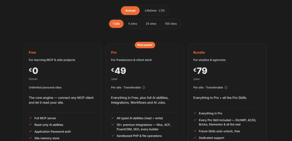NibWP pricing table showing Free Pro and Bundle plans with annual options and feature lists