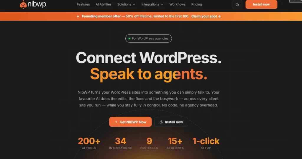 NibWP homepage hero with orange robot logo, Connect WordPress Speak to agents headline and install buttons