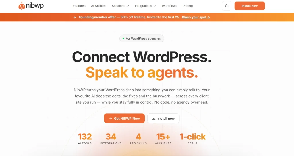 NibWP homepage showcasing AI agent integration for WordPress site management and edits