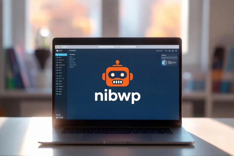 Laptop displaying WordPress dashboard with orange nibwp robot logo centered on screen in bright workspace