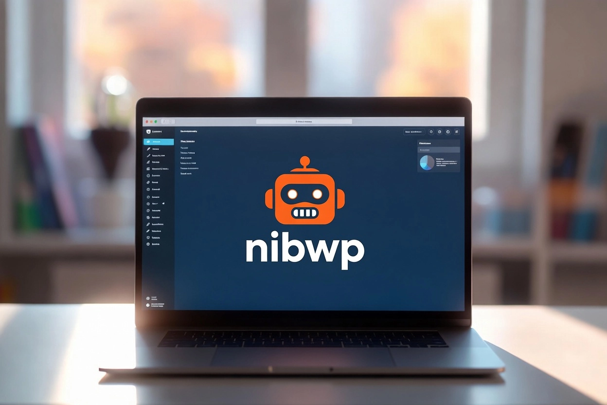 Laptop displaying WordPress dashboard with orange nibwp robot logo centered on screen in bright workspace
