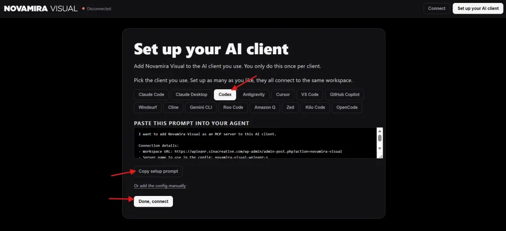 Novamira Visual setup screen for connecting AI client like Codex with copy prompt and connect button
