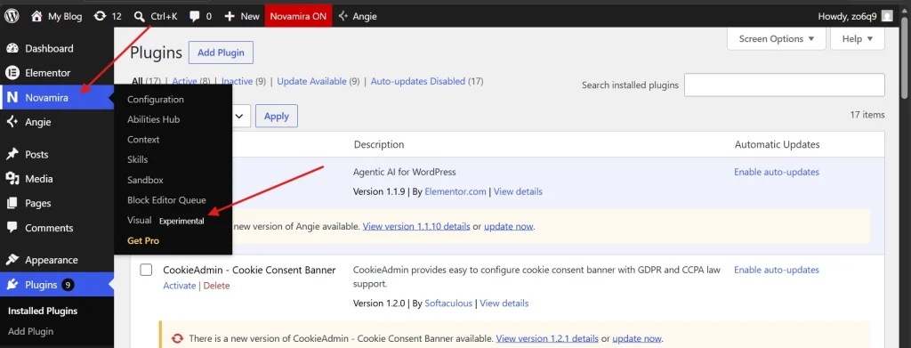 Novamira plugin menu in WordPress dashboard highlighting Visual Experimental feature