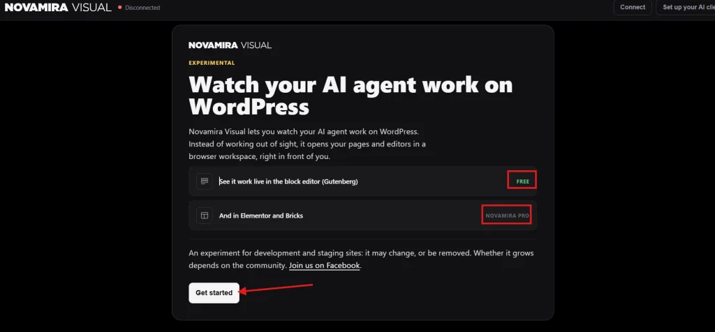 Novamira Visual experimental interface with Get Started button for AI agent WordPress building