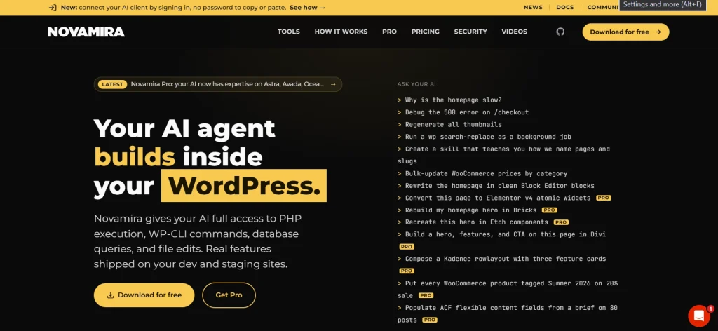 Novamira homepage showing AI agent building inside WordPress with download buttons and example prompts