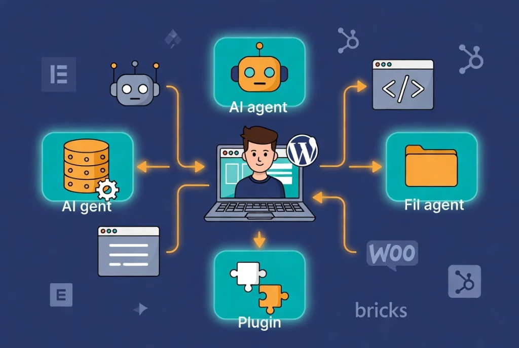 Flat vector illustration of WordPress plugin connecting AI agents to site infrastructure with workflow arrows