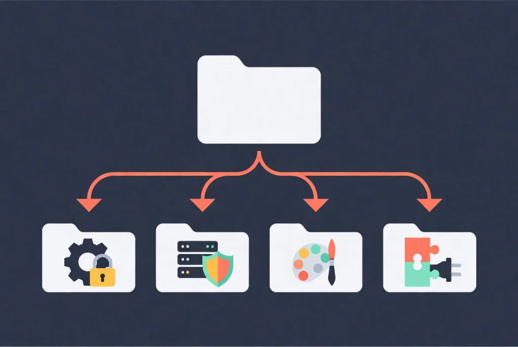 WordPress file structure illustration with folder hierarchy and config theme plugin icons