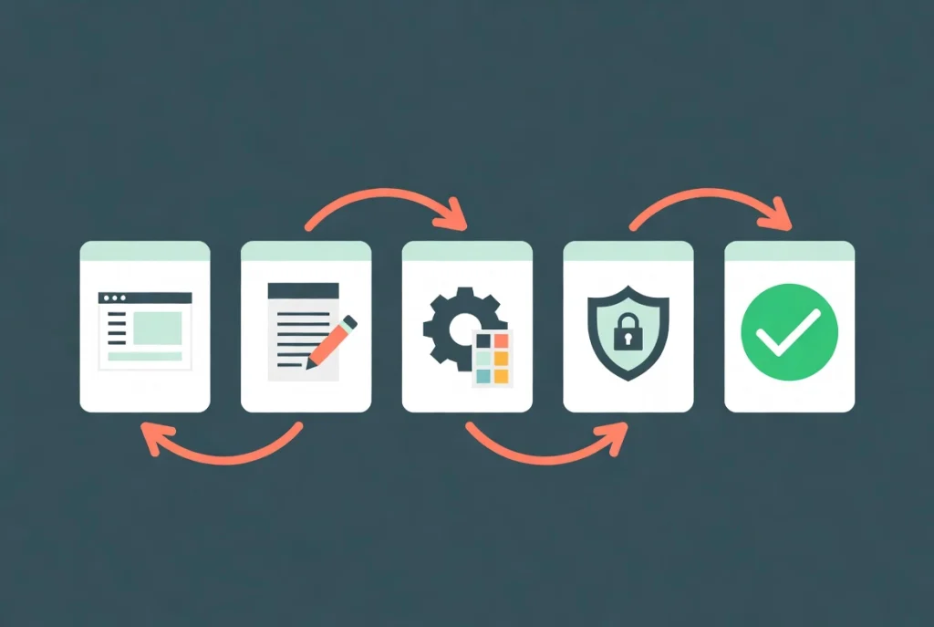 WordPress workflow illustration with dashboard cards and success checkmark on teal background