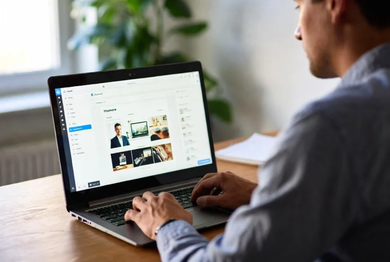 Man centered at home desk designing professional homepage on laptop in WordPress page builder