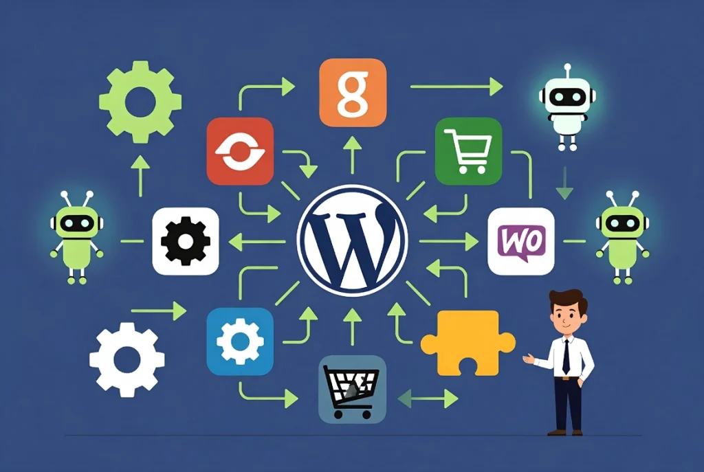 WordPress plugins connect via abilities to AI agents in ecosystem network diagram