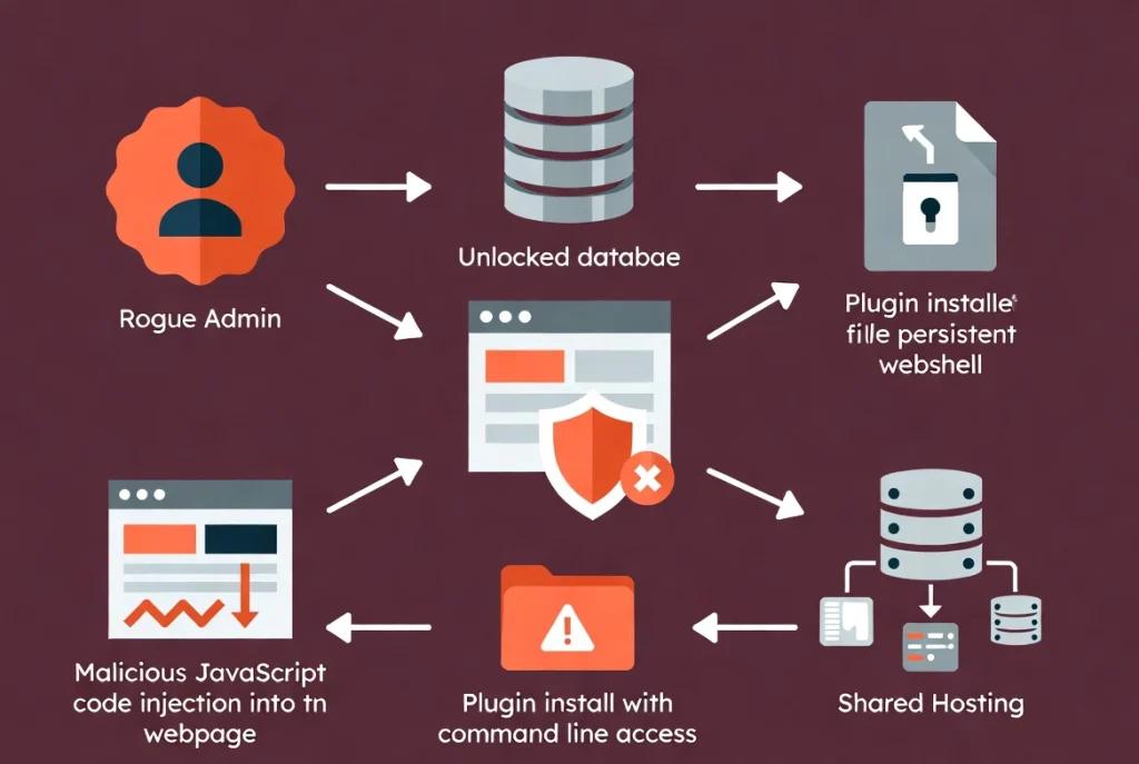 Flat vector illustration showing post-exploitation actions after WP2Shell WordPress attack including rogue accounts, database access, malware injection and webshells