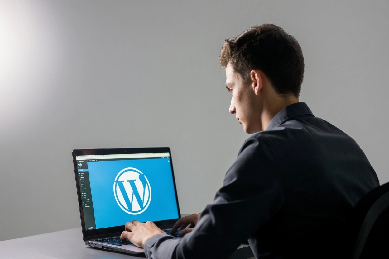 Developer working on laptop displaying WordPress icon in professional studio setting
