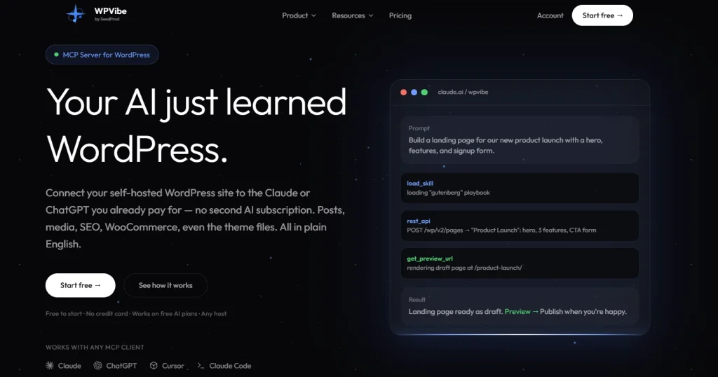 WPVibe homepage displaying MCP server connection for WordPress with Claude and ChatGPT AI integration