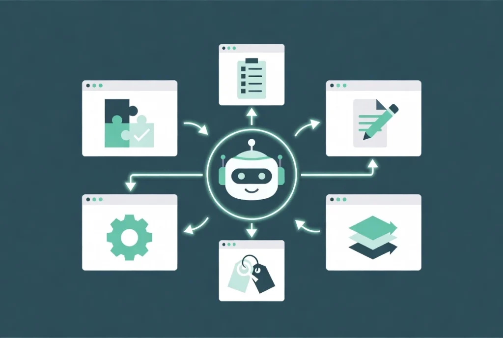 Flat vector of AI robot connected by arrows to WordPress action cards for plugins content and SEO