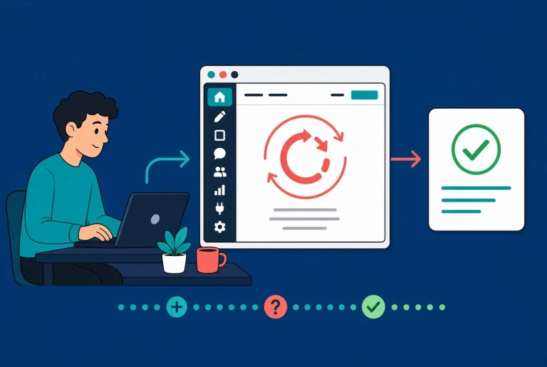 Cartoon person troubleshooting Elementor loading spinner stuck on WordPress admin screen