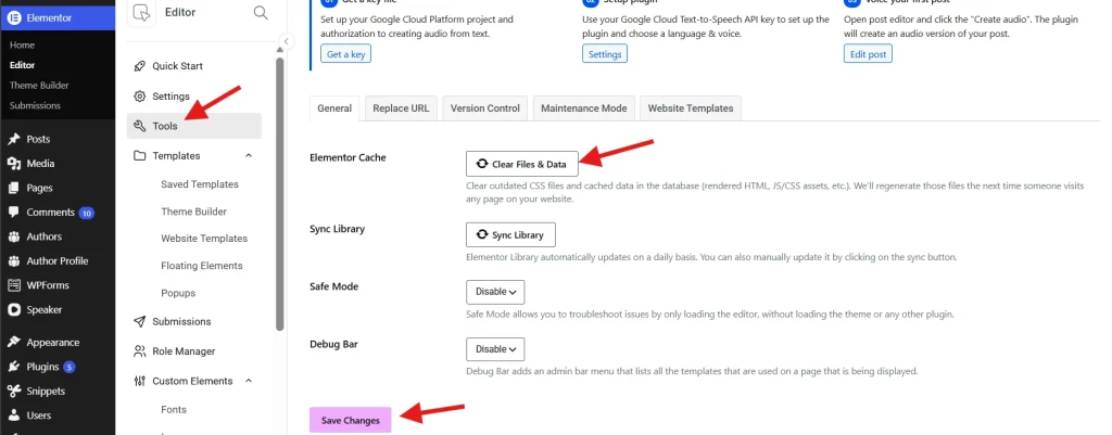Elementor Tools page highlighting Clear Files & Data button and Save Changes option