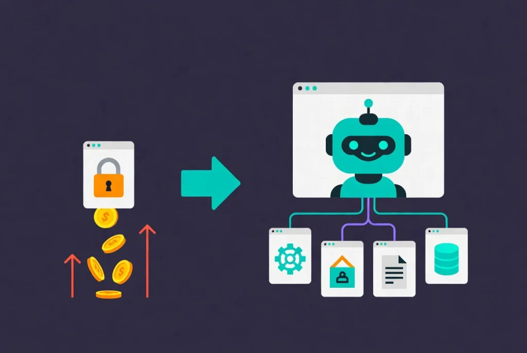 Flat vector contrast of locked costly API tokens versus open MCP AI full site access