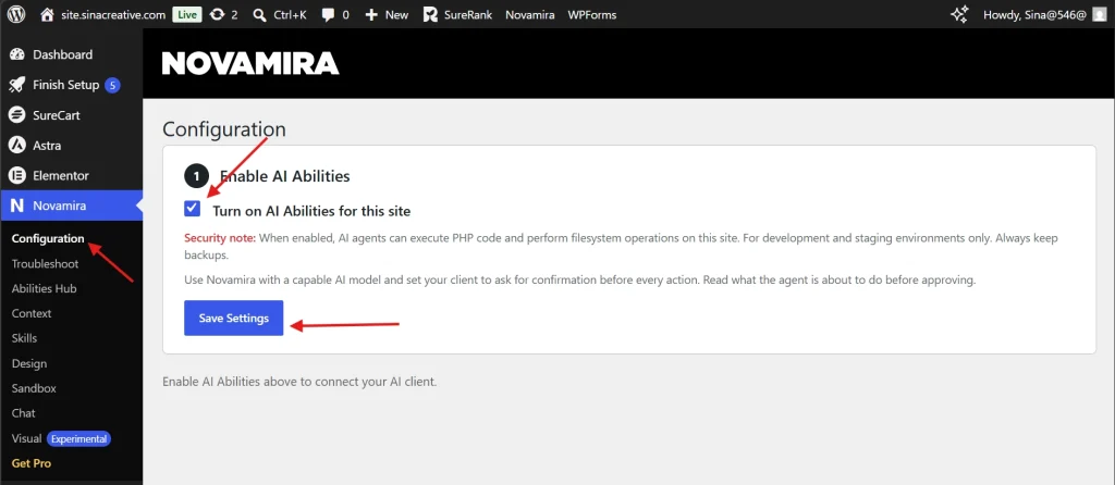 Novamira WordPress config with AI Abilities checkbox enabled and Save Settings button
