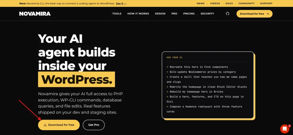 Novamira homepage with AI agent headline and yellow download button on dark interface