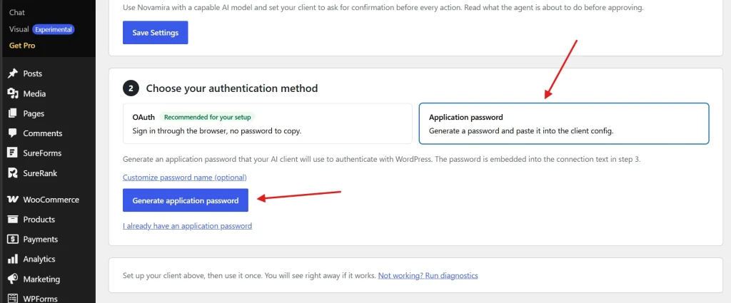 Novamira authentication screen with Application password selected and Generate button