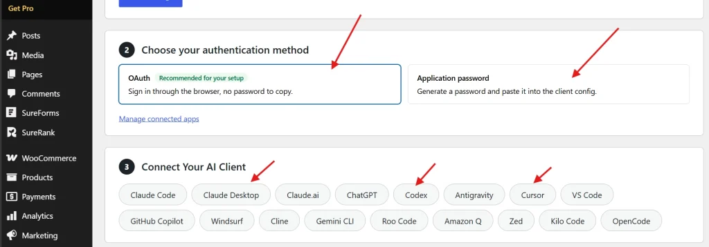 Novamira setup showing OAuth authentication and AI client options including Claude and Cursor