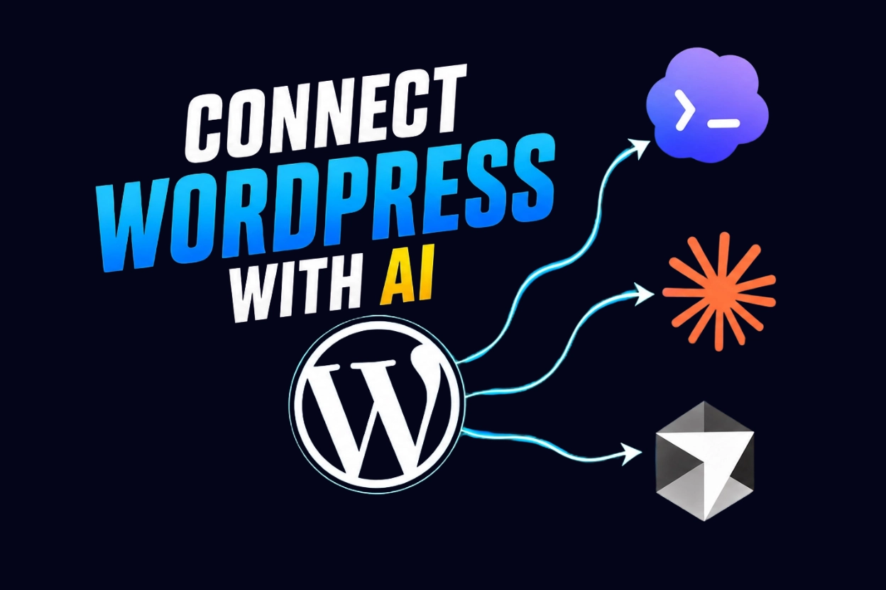 WordPress logo connected by glowing blue lines to AI icons including cloud terminal and geometric shapes