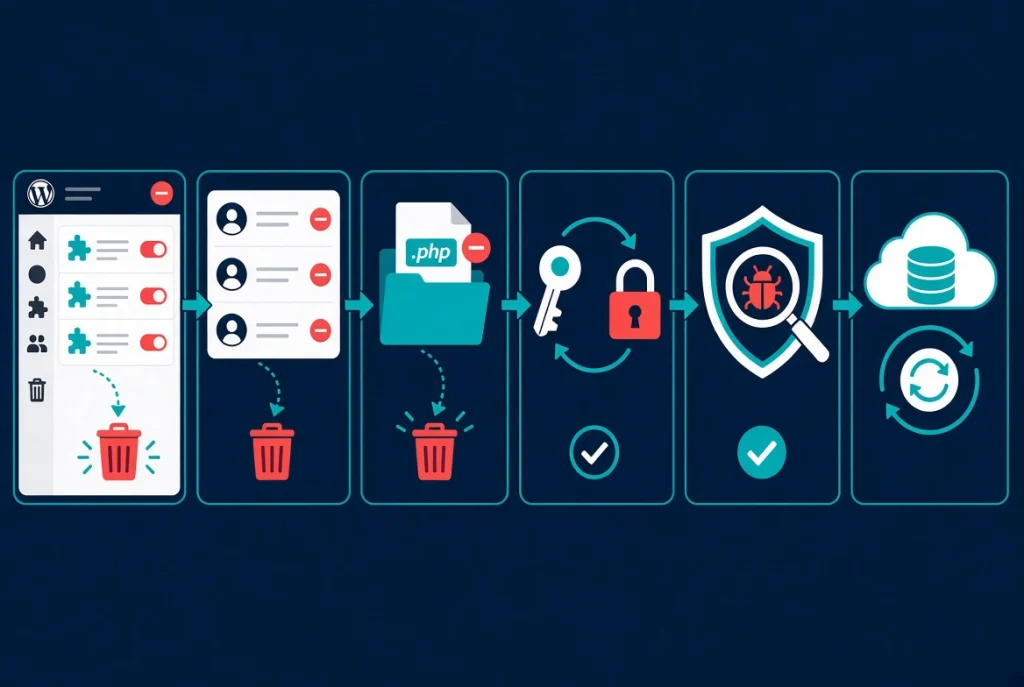 Flat vector of WordPress remediation steps removing plugins auditing admins and scanning malware